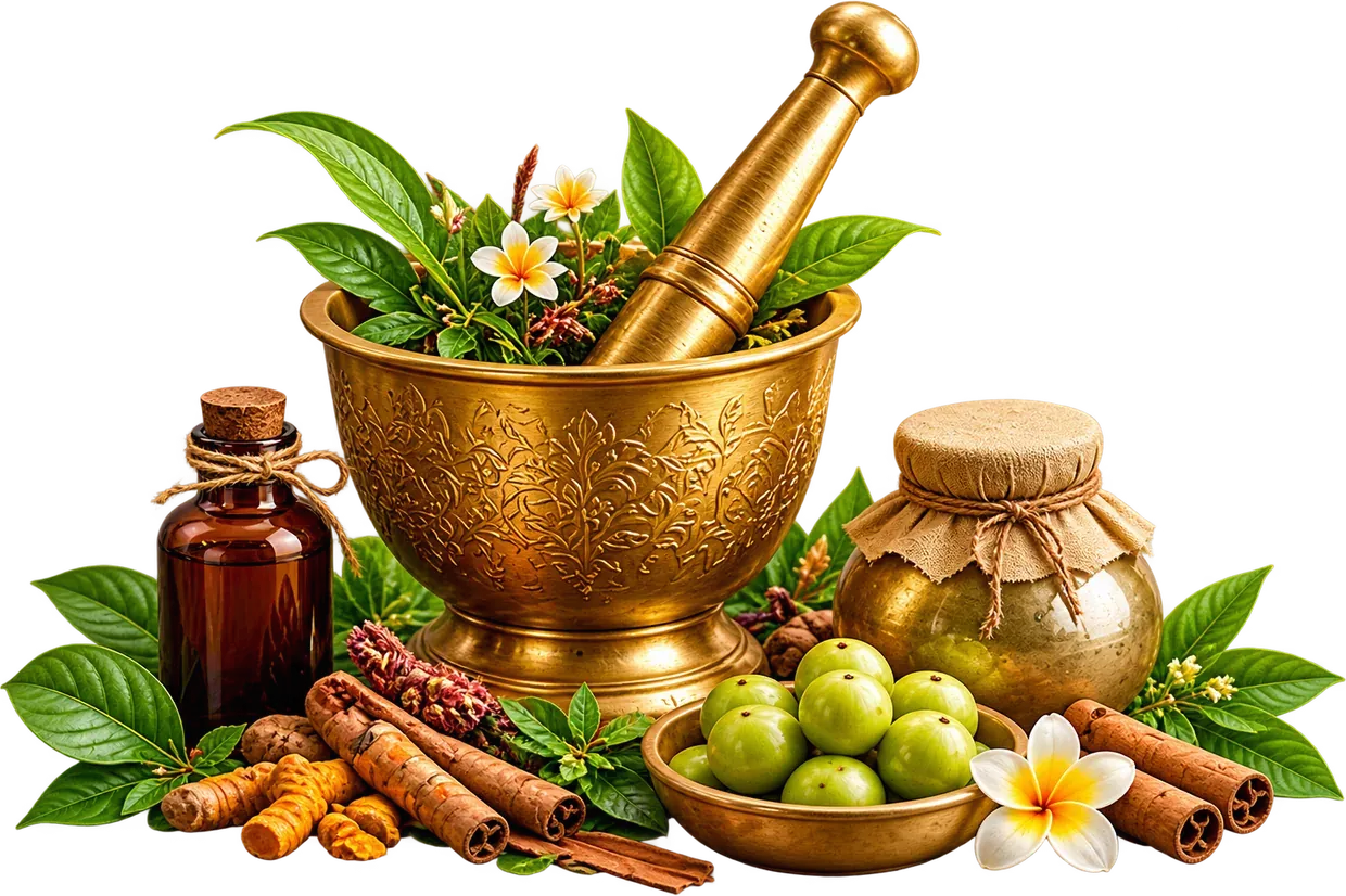Brass mortar and pestle with Ayurvedic herbs, nelli, turmeric and cinnamon
